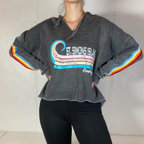 Gray Cropped St. Simons Island Rainbow Hooded Sweatshirt - Picture 1 of 10